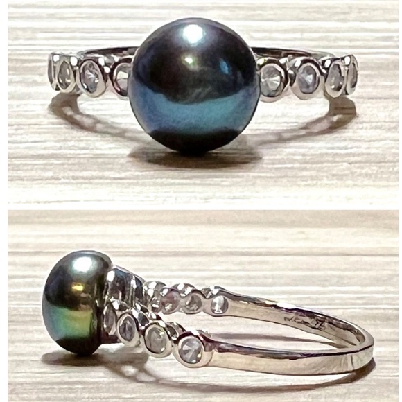 Jewelry - Designer Signed Sterling Silver Tahitian Pearl & White Topaz Ring, Size 6